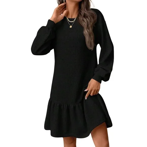 Nine West Black Long Sleeve Sweatshirt Dress with Ruffle - Size Large - Picture 2 of 10